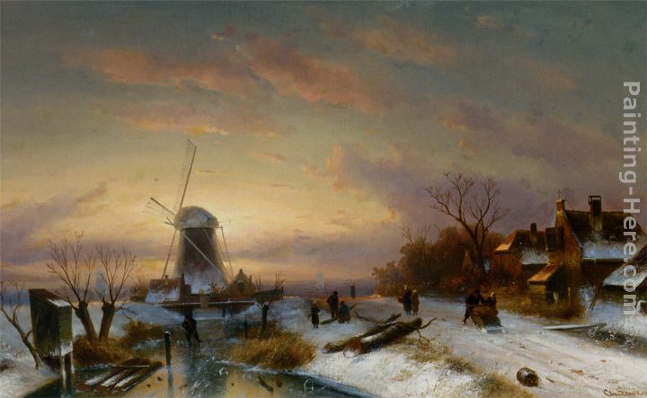 Landscape with skaters on the Ice painting - Charles Henri Joseph Leickert Landscape with skaters on the Ice art painting